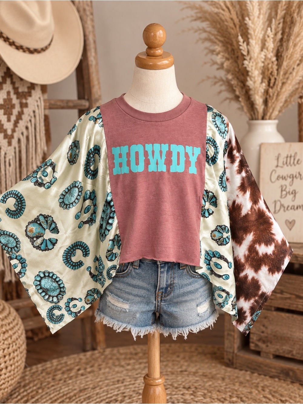 Girls HOWDY Western Boho Poncho Top Cow Print Turquoise Cowgirl Boutique